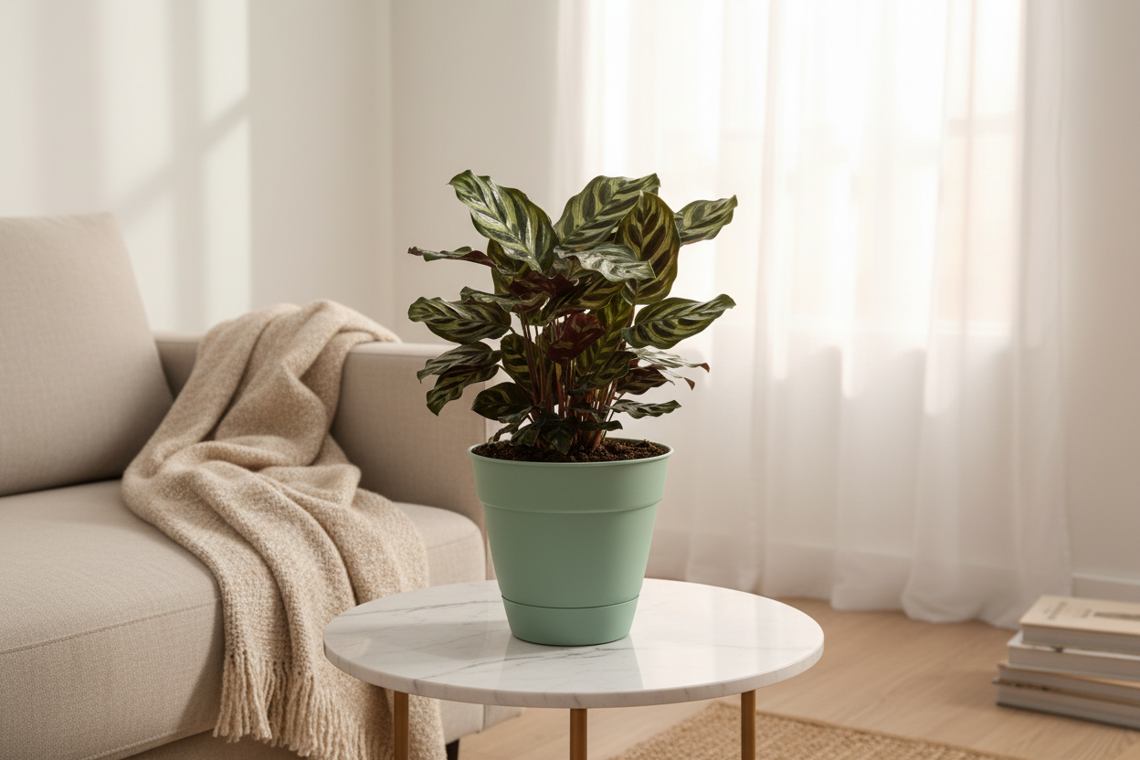 Calathea Makoyana lifestyle shot on marble side table
