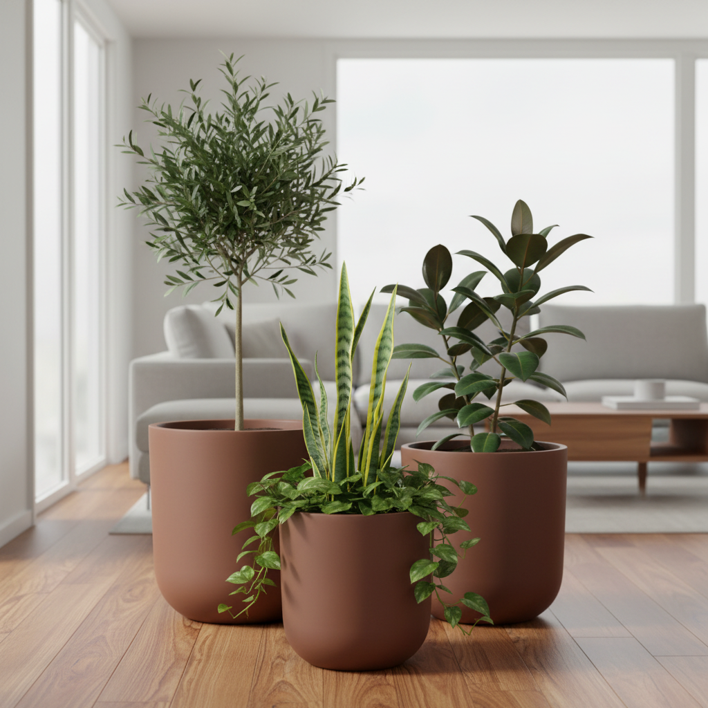 Realistic Plants in Brown Floor Pots