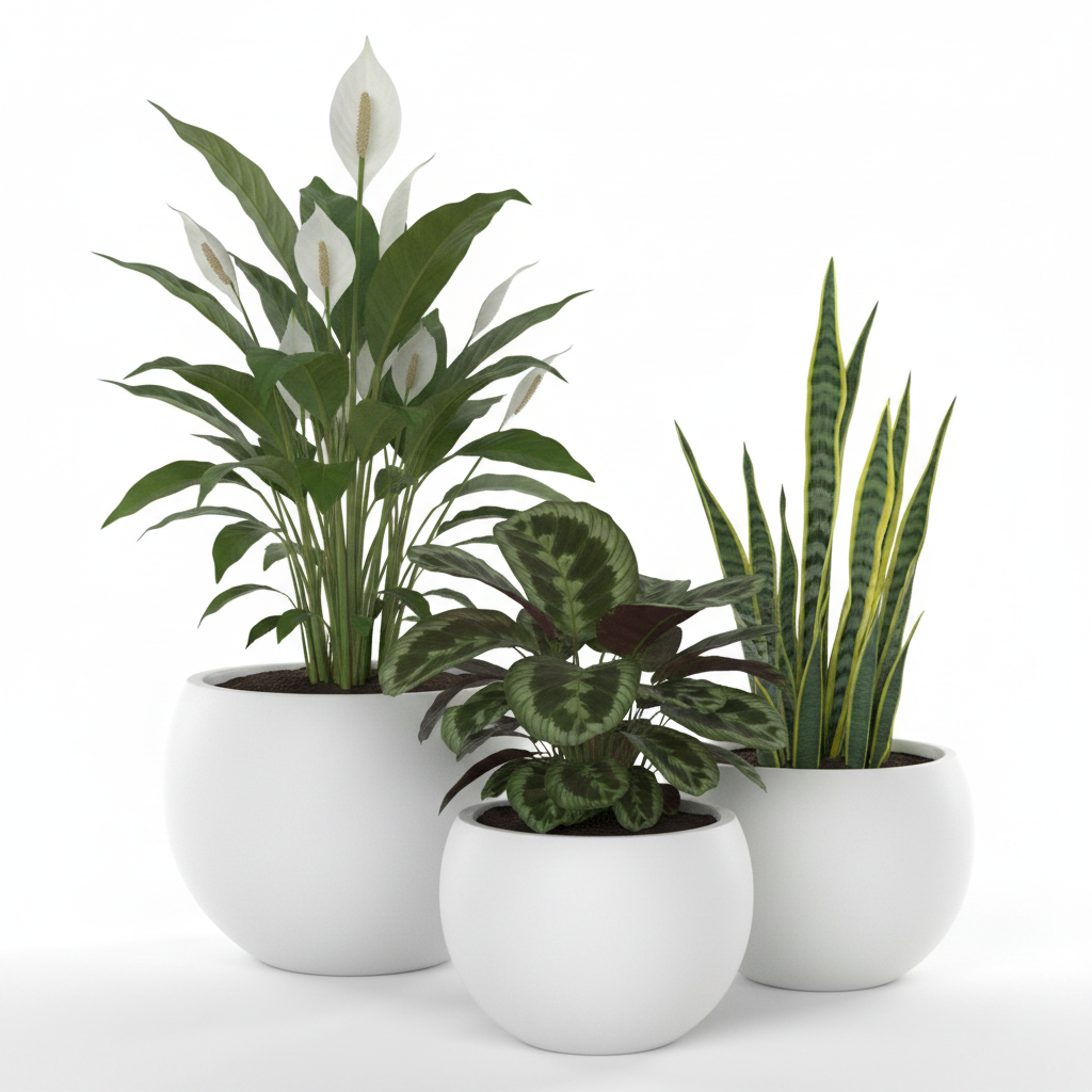 White Moon Pots Peace Lily Calathea Snake Plant